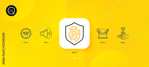 Time hourglass, Loud sound and Creativity concept minimal line icons. Yellow abstract background. Tips, Fingerprint icons. For web, application, printing. Sand watch, Music, Graphic art. Vector