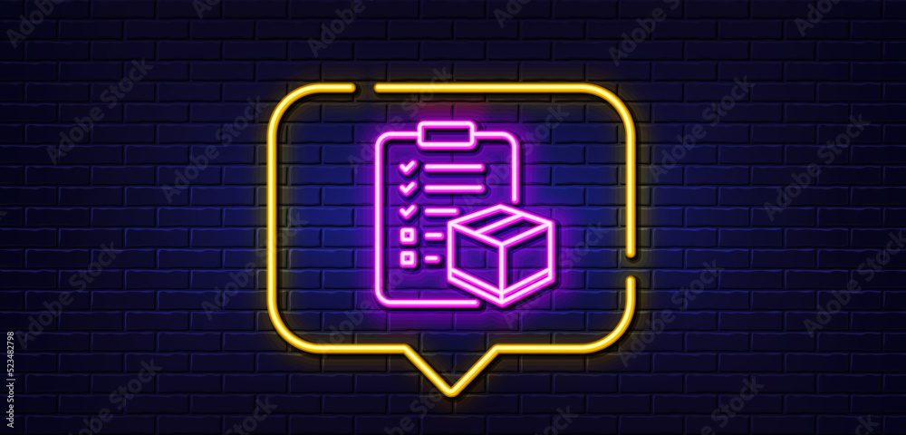 Neon light speech bubble. Parcel checklist line icon. Logistics check sign. Package control symbol. Neon light background. Parcel checklist glow line. Brick wall banner. Vector Neon light speech bubble. Parcel checklist line icon. Logistics check sign. Package control symbol. Neon light background. Parcel checklist glow line. Brick wall banner. Vector
