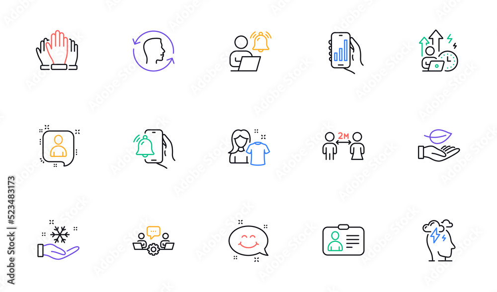 Vote, Smile chat and Id card line icons for website, printing. Collection of Difficult stress, Stress, Leaf icons. Alarm clock, Teamwork, Freezing web elements. Analysis app. Vector