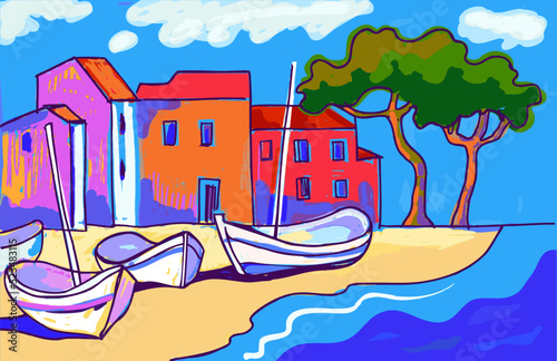 mediterranean landscape with boats vector illustration
