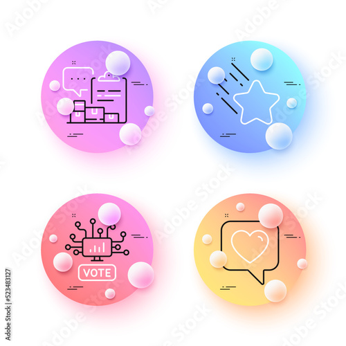 Inventory report, Falling star and Heart minimal line icons. 3d spheres or balls buttons. Online voting icons. For web, application, printing. Warehouse control, Night star, Like rating. Vector