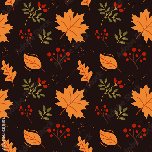 Autumn leaves and red berries on a dark background. Seamless pattern. Can be used for web page background fill, surface texture