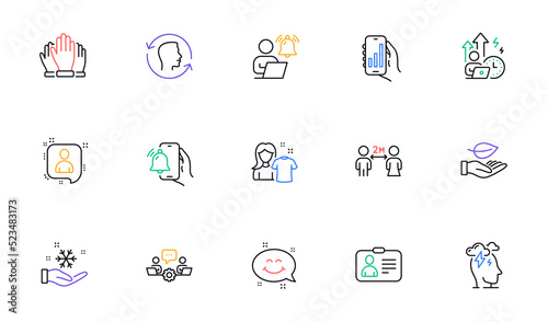Vote, Smile chat and Id card line icons for website, printing. Collection of Difficult stress, Stress, Leaf icons. Alarm clock, Teamwork, Freezing web elements. Analysis app. Vector