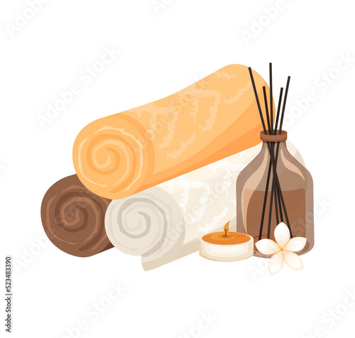 Composition of pile of rolled towels, burning candle and aroma sticks in bottle for relaxation, bodycare. Spa center, hotel textile accessories. Flat vector illustration isolated on white background
