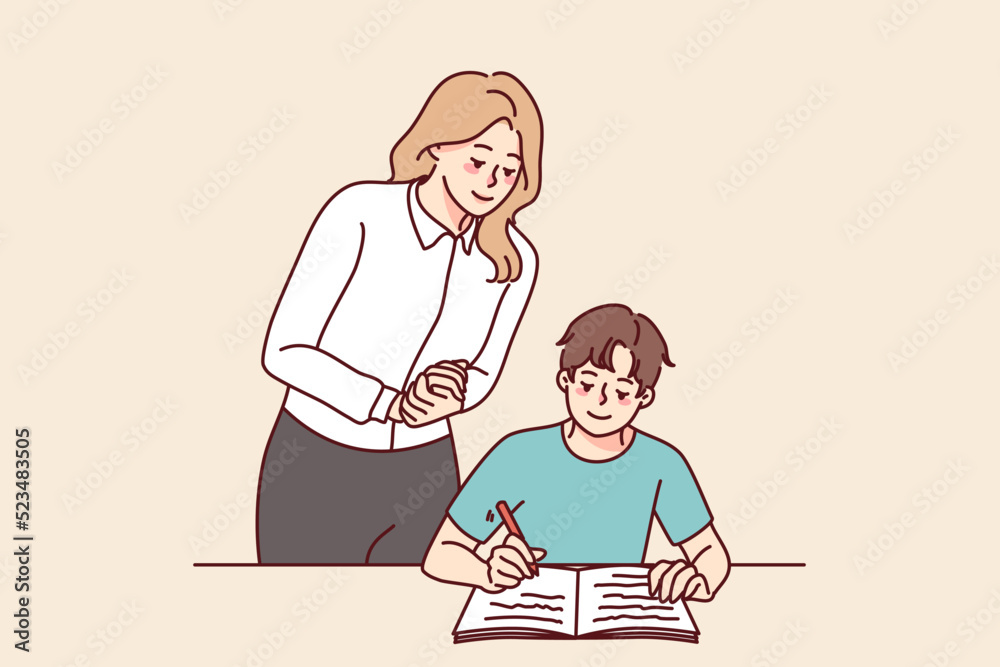 Teacher control boy child writing in notebook. Female tutor look at kid handwrite in classroom. School education concept. Vector illustration. Teacher control boy child writing in notebook. Female tutor look at kid handwrite in classroom. School education concept. Vector illustration.
