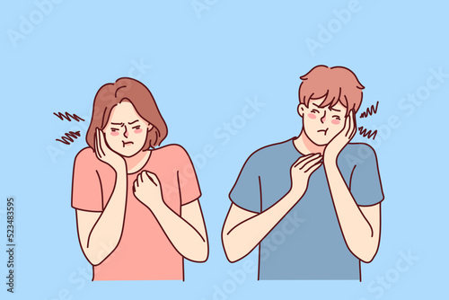 Unhealthy people suffer from toothache. Man and woman hold cheek struggle with painful teeth inflammation. Healthcare. Vector illustration. 