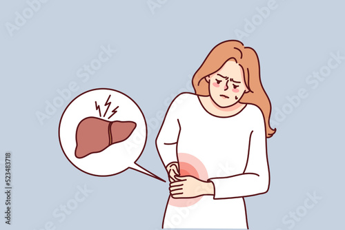 Unhealthy woman suffer from liver problems. Unwell girl struggle with body organ inflammation. Healthcare and medicine. Vector illustration. 