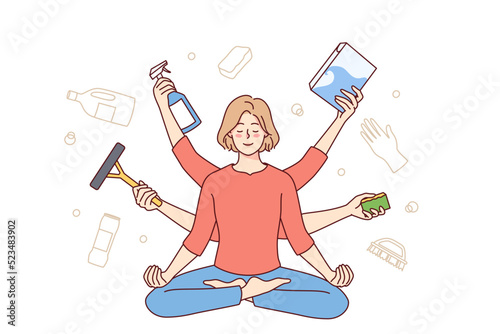 Calm woman meditating distracted from daily activity and chores. Relaxed housewife sitting with mudra hands practice yoga relieve stress. Vector illustration. 