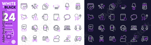 Comic message, Tickets and Corrupted file line icons for website, printing. Collection of Calendar, Parking app, Chemical hazard icons. Approved app, Table lamp, Marketplace web elements. Vector