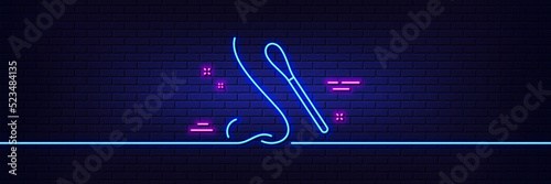 Neon light glow effect. Nasal swab test line icon. Nose with cotton swab sign. Coronavirus testing symbol. 3d line neon glow icon. Brick wall banner. Nasal test outline. Vector