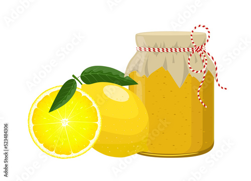 Lemon jam or confiture jar in rustic style, homemade fruit berry preserve, vector illustration on white background
