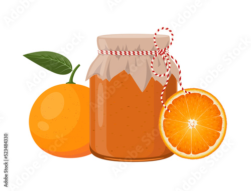 Tangerine jam or confiture jar in rustic style, homemade fruit berry preserve, vector illustration on white background