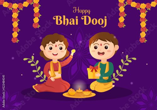 Happy Bhai Dooj Indian Festival Celebration Hand Drawn Cartoon Illustration of Sisters Pray for Brothers Protection with a Dot on His Forehead photo