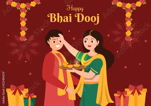 Happy Bhai Dooj Indian Festival Celebration Hand Drawn Cartoon Illustration of Sisters Pray for Brothers Protection with a Dot on His Forehead photo