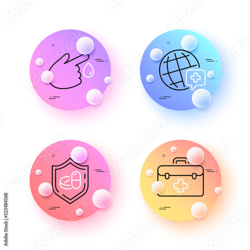Blood donation, First aid and Medical tablet minimal line icons. 3d spheres or balls buttons. World medicine icons. For web, application, printing. Injury, Medicine kit. Vector