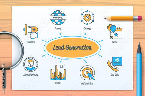 Lead generation chart with icons and keywords