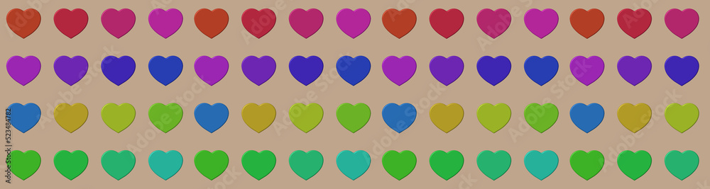 hearts of different colors isolated on brown background. Paste template. Glare from lighting Valentine's Day. Banner for insertion into site. 3D image. 3d rendering.