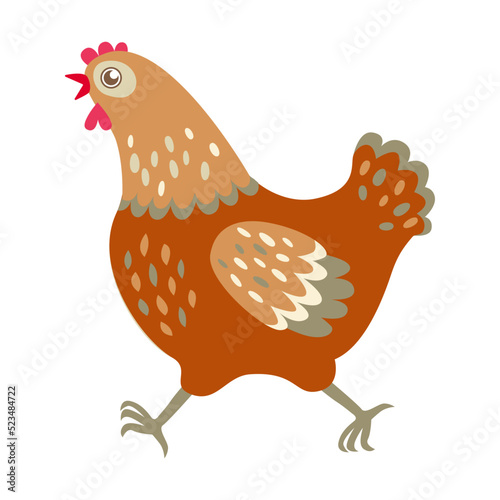 Cute chicken flat icon. Cartoon hen walking isolated vector illustration. Funny domestic birds