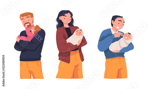 Happy mom and dad hugging their babies set cartoon vector illustration © topvectors