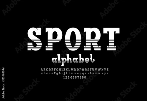 Trendy font, slab serif alphabet, uppercase and lowercase letters and numbers made in striped style