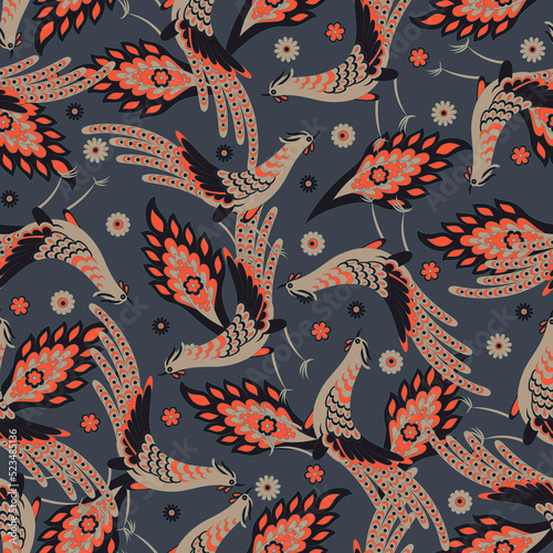 Paisley vector seamless. Damask style fabric illustration with Birds