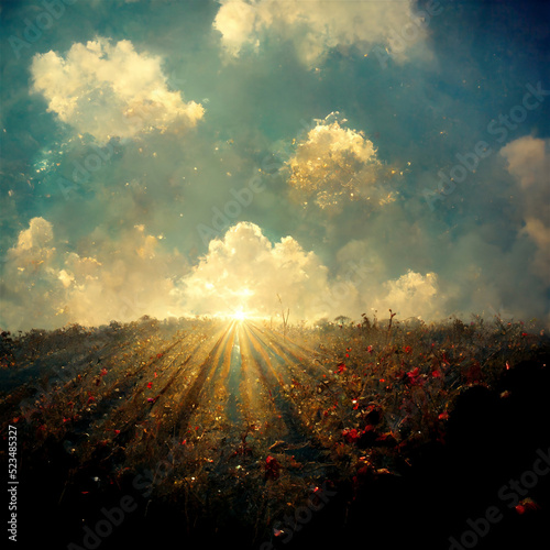 Meadow and cloudy sky background