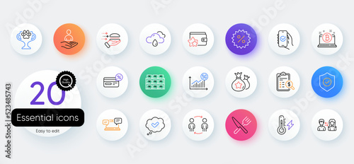 Simple set of Food delivery, Discount and 5g statistics line icons. Include Approved, Cashback, Workflow icons. Security shield, Food, Loyalty program web elements. Approved app. Vector