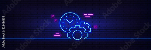 Neon light glow effect. Time management line icon. Clock sign. Gear symbol. 3d line neon glow icon. Brick wall banner. Time management outline. Vector