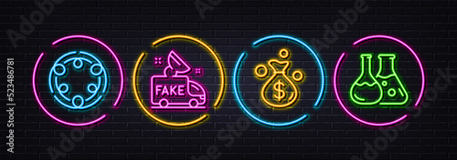 Fake news, Inclusion and Money bag minimal line icons. Neon laser 3d lights. Chemistry lab icons. For web, application, printing. Social propaganda, Equity justice, Investment. Laboratory. Vector