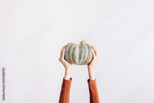 Woman hands holding an autumn pumpkin on white background with copy space.