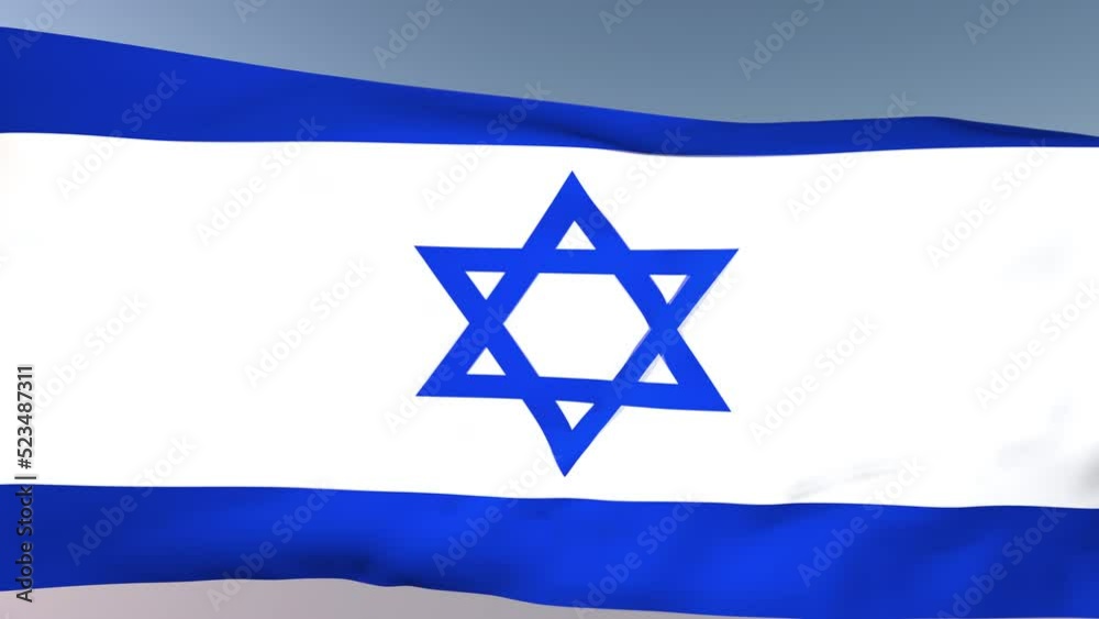 Israel national flag waving on turbulent wind on blue sky background.