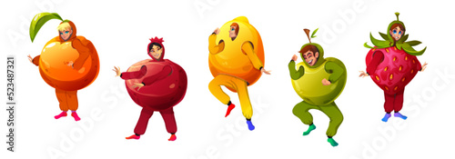 People wear fruit costumes, isolated orange, pomegranate, lemon, apple and strawberry personages. Cartoon funny characters dance and having fun on party or perform on theater scene Vector illustration