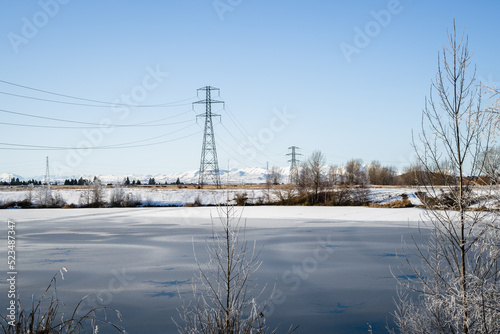 High voltage transmission towers and powerlines among hoar frost,  Twizel, South Island © Janice