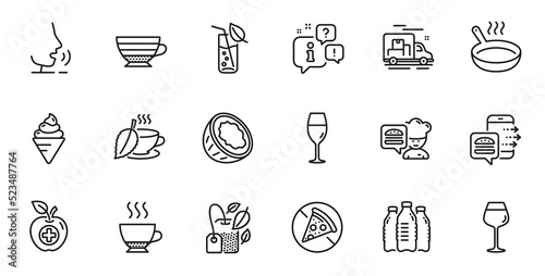 Outline set of Bordeaux glass, Water bottles and Espresso line icons for web application. Talk, information, delivery truck outline icon. Include Coconut, Mint tea, Food order icons. Vector
