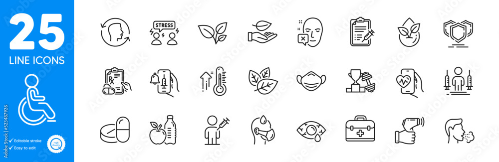 Outline icons set. Vaccine announcement, Organic tested and Shields icons. Сonjunctivitis eye, Leaf, High thermometer web elements. Organic product, Medical mask, Leaves signs. Vector Outline icons set. Vaccine announcement, Organic tested and Shields icons. Сonjunctivitis eye, Leaf, High thermometer web elements. Organic product, Medical mask, Leaves signs. Vector
