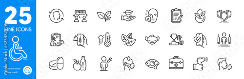 Outline icons set. Vaccine announcement, Organic tested and Shields icons. Ð¡onjunctivitis eye, Leaf, High thermometer web elements. Organic product, Medical mask, Leaves signs. Vector