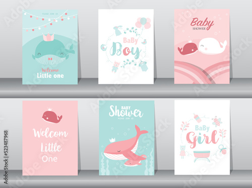 Set of baby shower invitation cards,happy birthday,poster,template,greeting,cute,animal,Vector illustrations.