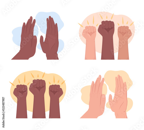 Handclap and fists 2D vector isolated illustration set. Protest flat hand gestures on cartoon background. Fighting for justice colourful editable scene for mobile, website, presentation collection
