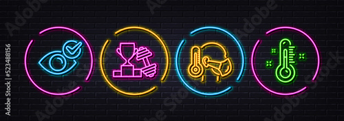 Sick man, Check eye and Dumbbell minimal line icons. Neon laser 3d lights. Thermometer icons. For web, application, printing. Epidemic protection, Vision, Winner cup. Temperature control. Vector