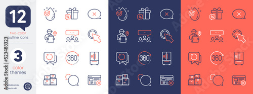 Set of Messenger, Recovery data and Delivery man line icons. Include Sale gift, 360 degrees, Water drop icons. Reject web, Click here, Meeting web elements. Refrigerator. Bicolor outline icon. Vector