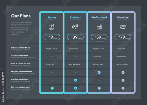 Modern pricing table template with four plans - dark version. Flat infographic design.