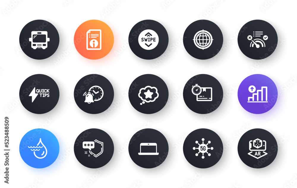 Minimal set of Bus, Cardboard box and Quickstart guide flat icons for web development. Alarm clock, Swipe up, Shield icons. Seo internet, Hydroelectricity, Graph chart web elements. Vector Minimal set of Bus, Cardboard box and Quickstart guide flat icons for web development. Alarm clock, Swipe up, Shield icons. Seo internet, Hydroelectricity, Graph chart web elements. Vector