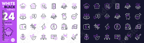 Chemistry dna, Open door and Cloud storage line icons for website, printing. Collection of Shower, Guard, Electricity icons. Gift, Manual, Brush web elements. Voice wave. Bicolor outline icon. Vector