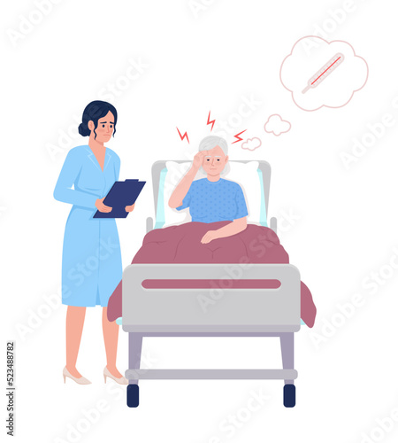 Doctor taking care of patient with fever semi flat color vector characters. Editable figures. Full body people on white. Cold simple cartoon style illustrations for web graphic design and animation