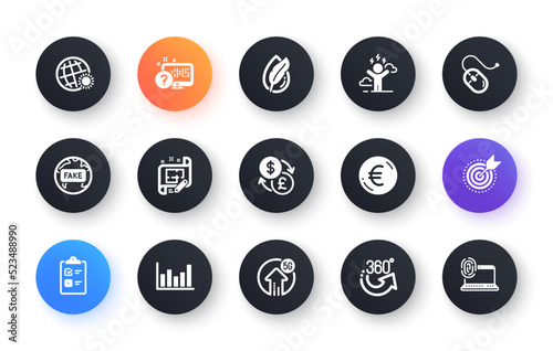 Minimal set of Target purpose, Computer mouse and Online quiz flat icons for web development. 360 degrees, Fake news, Hypoallergenic tested icons. 5g upload, Architect plan. Vector