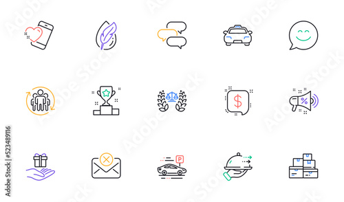 Car parking, Heart and Teamwork line icons for website, printing. Collection of Sale megaphone, Taxi, Food delivery icons. Loyalty program, Hypoallergenic tested, Justice scales web elements. Vector