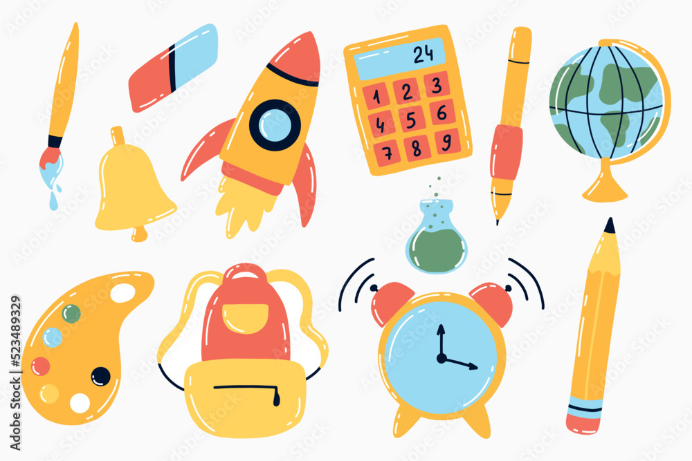 Back to school set. School elements set. Globe, backpack, pen, calculator, alarm clock, pencil. Vector illustration.
