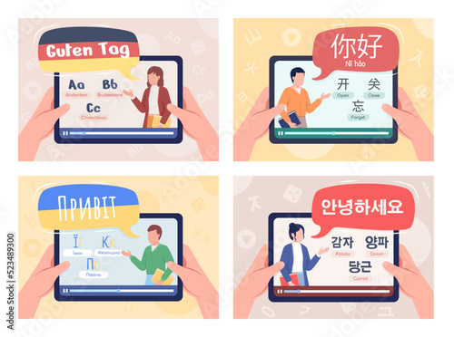 Learning languages online flat color vector illustrations set. Educative videos. Foreign cultures. Fully editable 2D simple cartoon first view hands with tablet computers on background collection