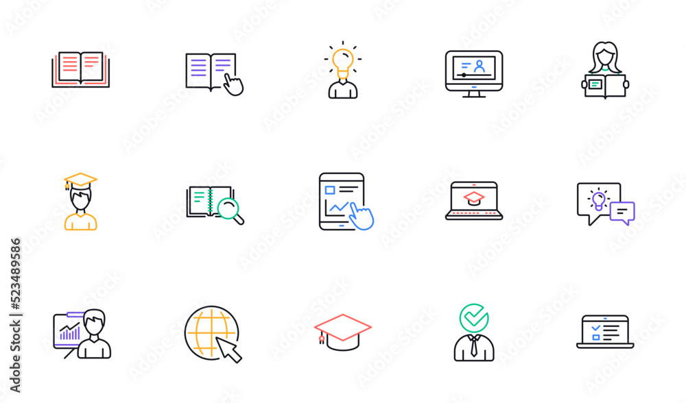 Education line icons. Book, Video tutorial and Instructions. Presentation linear icon set. Bicolor outline web elements. Vector