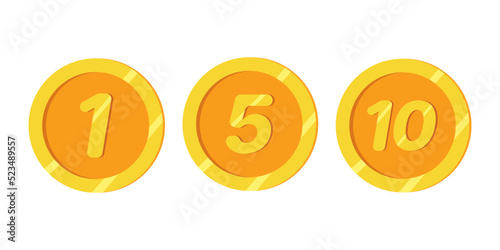 Gold coin with 1, 5, 10 number. Vector illustration isolated on white background. Set coins golden flat design